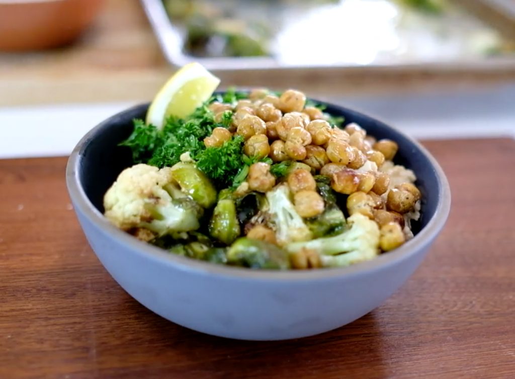 Crispy Glazed Brussels Sprouts & Chickpeas
